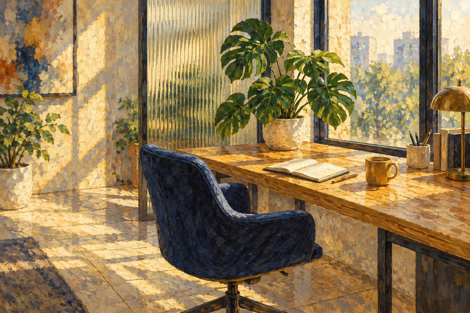 Painterly illustration of a sunlit workspace with an oak desk, navy chair and green plants
