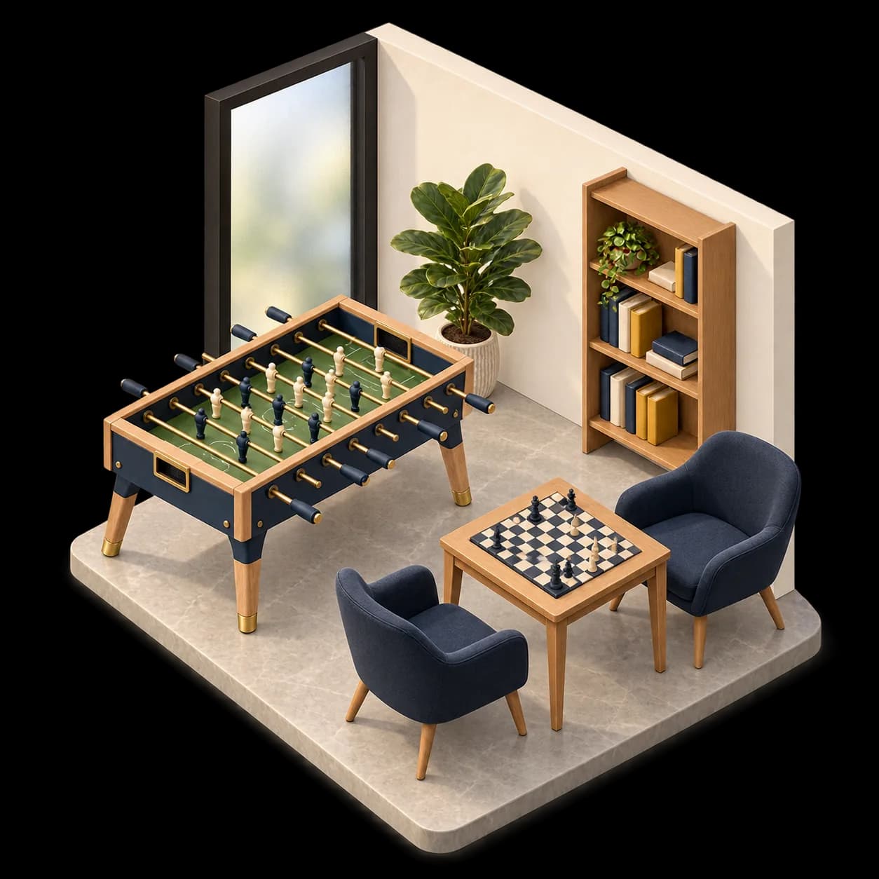 Illustrated break room with a foosball table, a chess table and a corner bookshelf