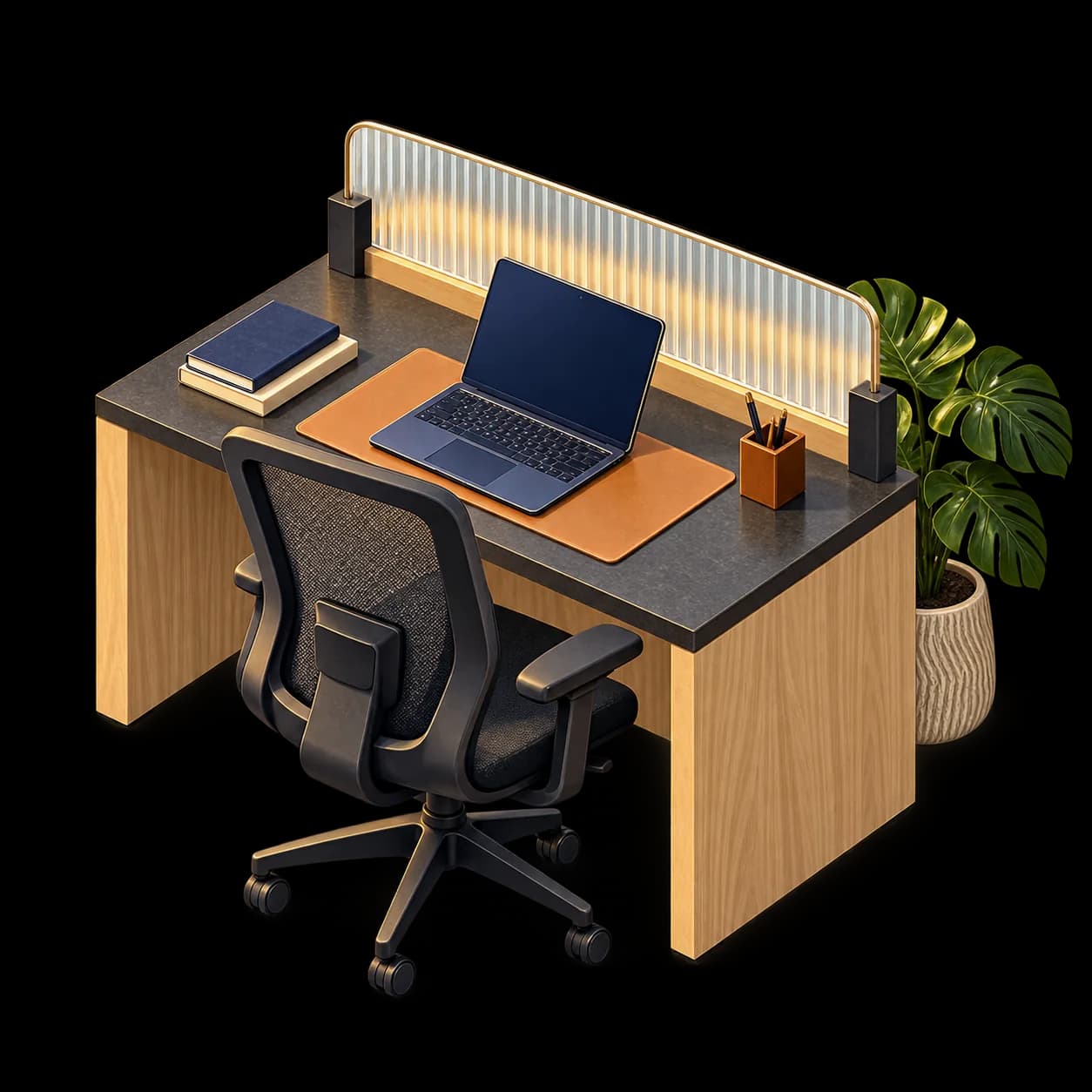 Isometric illustration of an individual oak workstation with an office chair and glass divider