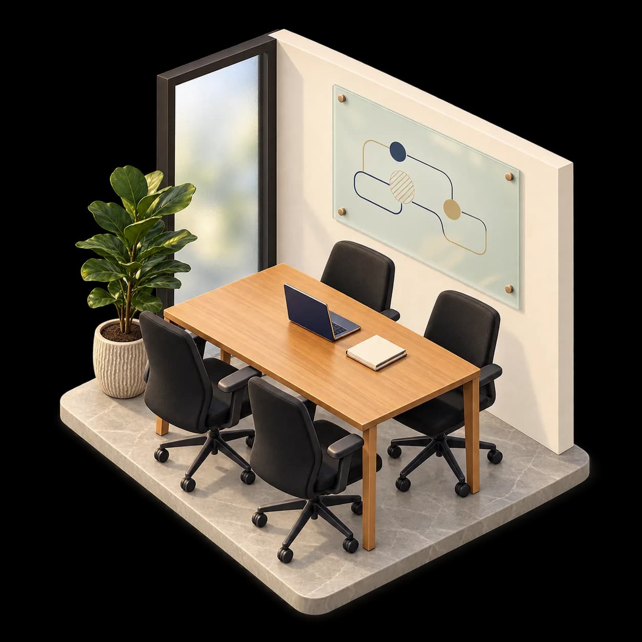 Isometric illustration of an enclosed meeting setting with an oak table, chairs and glass whiteboard